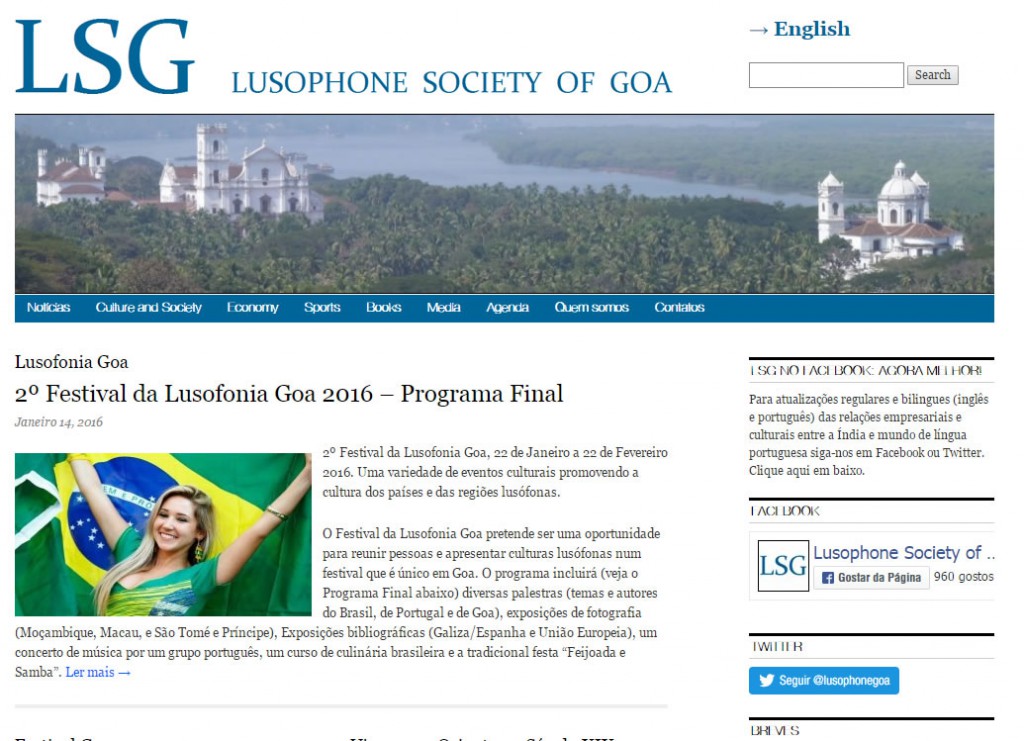Captura de ecrã do sítio web da Sociedade Lusófona de Goa