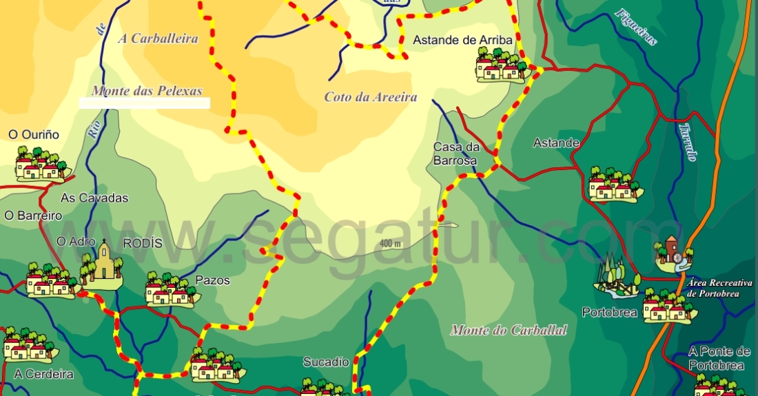Mapa com o Monte das Pelejas, em Rodis (Cerzeda), tomado de www.segatur.com